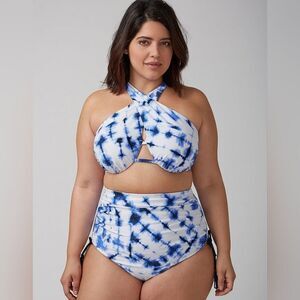 Swim By Cacique Tie Dyed Criss Cross Front Bikini Top Blue White Plus Size 44D